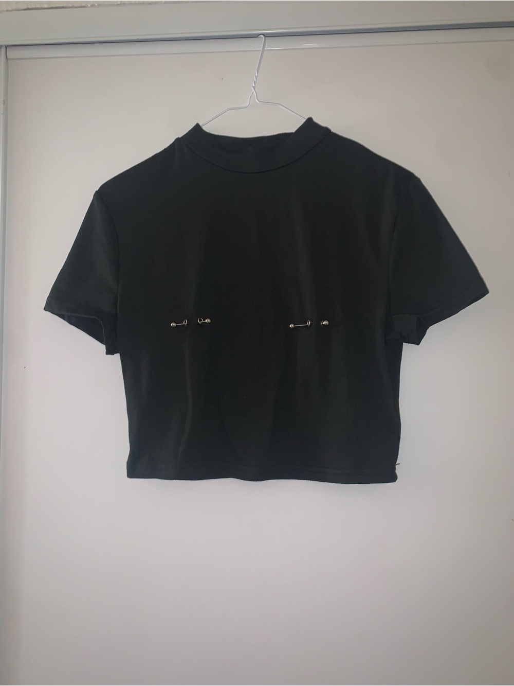 Black Mockneck Cropped Tee with Decorative Nipple Rings